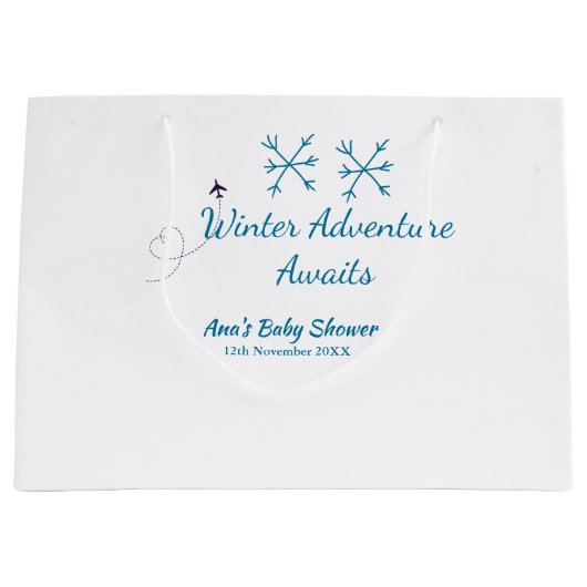 Winter Adventure awaits baby shower blue snowflake Große Geschenktüte (Vorderseite)