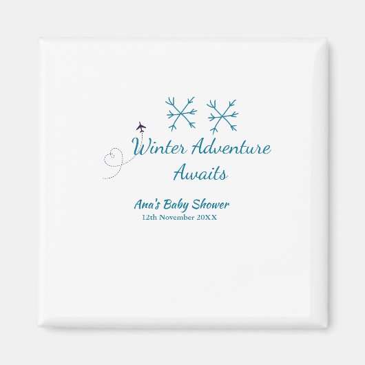 Winter Adventure awaits baby shower blue snowflake Magnet (Vorne)