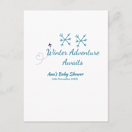 Winter Adventure awaits baby shower blue snowflake Postkarte (Vorderseite)