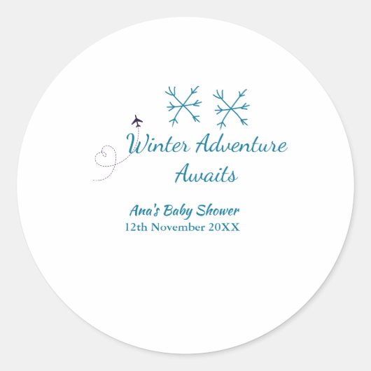Winter Adventure awaits baby shower blue snowflake Runder Aufkleber (Vorderseite)