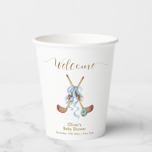 Winter All Star Bow Hockey Baby Shower Welcome  Pappbecher (Vorderseite)
