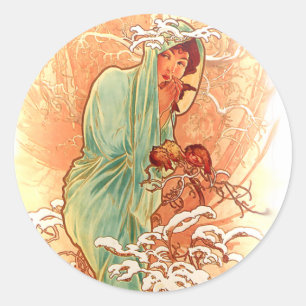 Winter - Alphonse Mucha Art Nouveau Runder Aufkleber