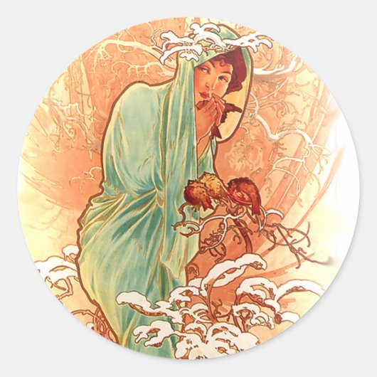 Winter - Alphonse Mucha Art Nouveau Runder Aufkleber (Vorderseite)