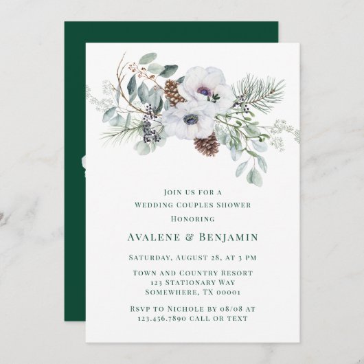 Winter Anemone handgemalte Hochzeitsdusche Einladung (Vorne/Hinten)