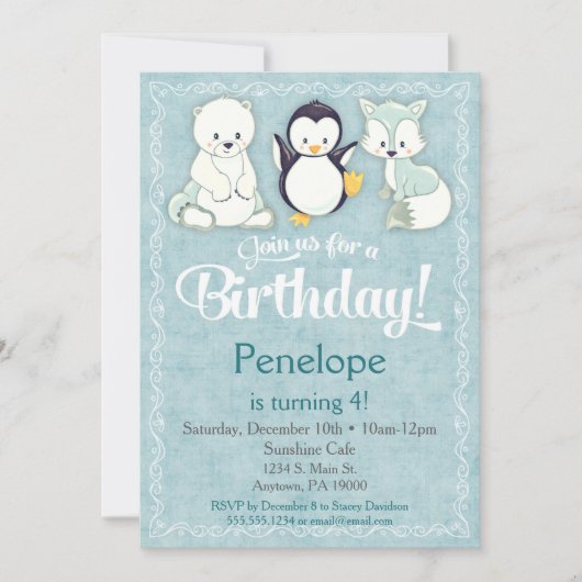 Winter Animal Birthday Einladung Bear Fox Penguin (Vorderseite)