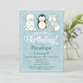 Winter Animal Birthday Einladung Bear Fox Penguin (Stehend Vorderseite)