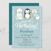 Winter Animal Birthday Einladung Bear Fox Penguin (Vorne/Hinten)