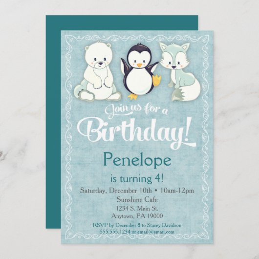 Winter Animal Birthday Einladung Bear Fox Penguin (Vorne/Hinten)