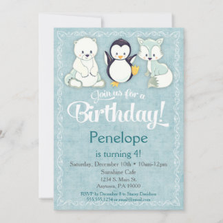 Winter Animal Birthday Einladung Bear Fox Penguin