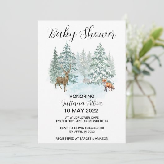 Winter Animal Forest Wonderland Baby Dusche Einladung (Stehend Vorderseite)