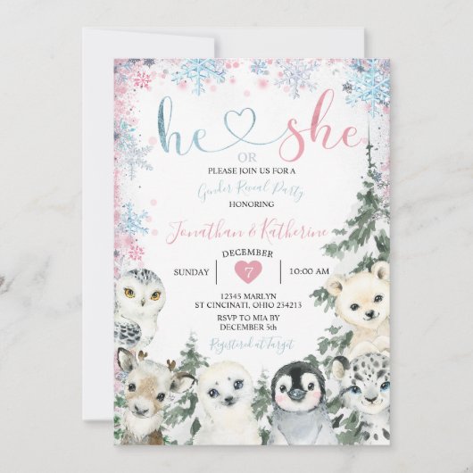 Winter Animal Gender Offenbarung er oder sie Schne Einladung (Vorderseite)