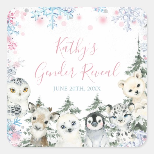Winter Animal Gender Offenbarung er oder sie Schne Quadratischer Aufkleber (Vorderseite)