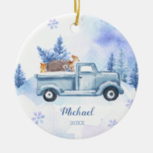 Winter Animal Truck Blaue Schneeflocken Berg Keramik Ornament