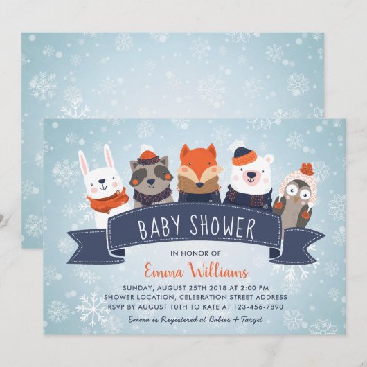 Winter Animals Baby Dusche Einladung (Vorne/Hinten)