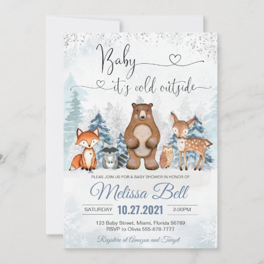 Winter Animals Woodland Baby Dusche Es ist kalt Einladung (Vorderseite)