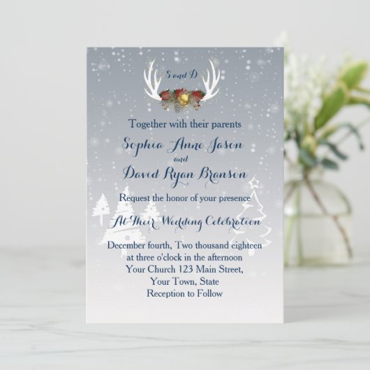 Winter Antlers Boho Wedding Einladung (Stehend Vorderseite)