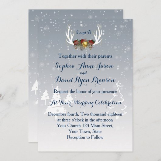 Winter Antlers Boho Wedding Einladung (Vorne/Hinten)