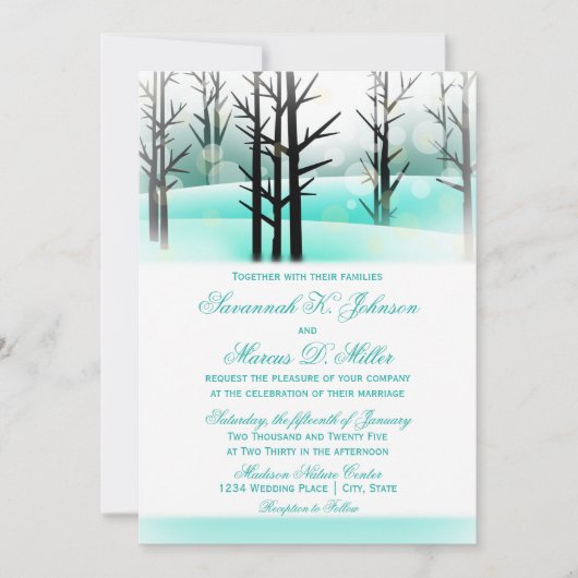 Winter Aqua Woodland Bäume Hochzeiten Einladungen (Vorderseite)