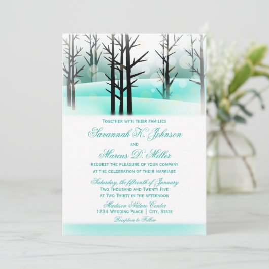 Winter Aqua Woodland Bäume Hochzeiten Einladungen (Stehend Vorderseite)