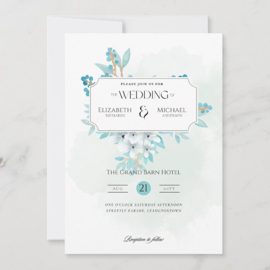Winter Aquamarine Blumendrucke oder digitale Hochz Einladung (Vorderseite)
