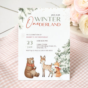 Winter-Aquarell-Tier Onederland Erster Geburtstag Einladung