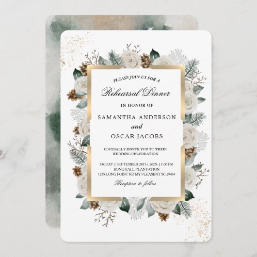 Winter Aquarell Weiße Blume und Kiefernrahmen Einladung (Vorne/Hinten)