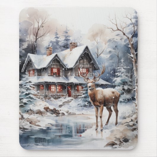 Winter-Aquarelllandschaft - Hirsch und Hütte Mousepad (Vorne)