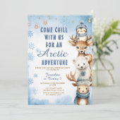 Winter Arctic Adventure 1st Birthday Animals Party Einladung (Stehend Vorderseite)