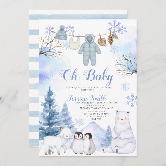 Winter Arctic Animal Clothesline Baby Dusche Einladung (Vorne/Hinten)