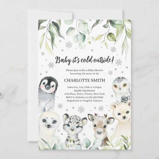 Winter Arctic Animals Baby Dusche Einladung (Vorderseite)