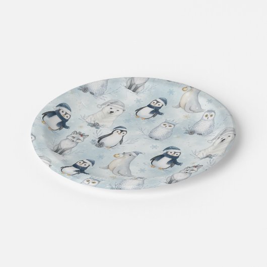 Winter Arctic Animals Cute Penguin & Polar Bear Pappteller (Schrägansicht)