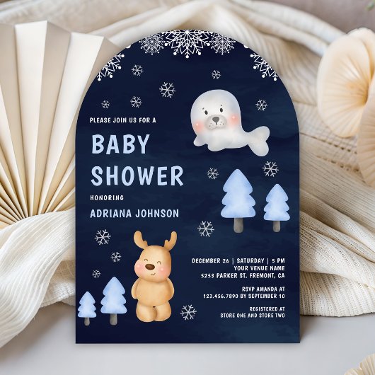 Winter Arctic Animals Navy Blue Baby Shower Einladung