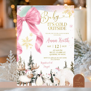 Winter-Arktis-Tier-Schleife Rosa Baby-Party Einladung