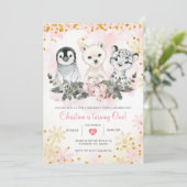 Winter Arktische Tiere Erstes Mädchen Geburtstag Einladung (Stehend Vorderseite)