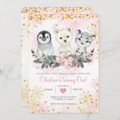Winter Arktische Tiere Erstes Mädchen Geburtstag Einladung (Vorne/Hinten)