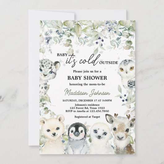Winter Artic Animals Baby Dusche Einladung (Vorderseite)