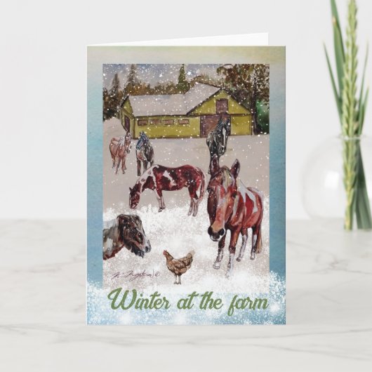 Winter auf dem Bauernhof weich türkis und Pferde Einladung (Vorderseite)