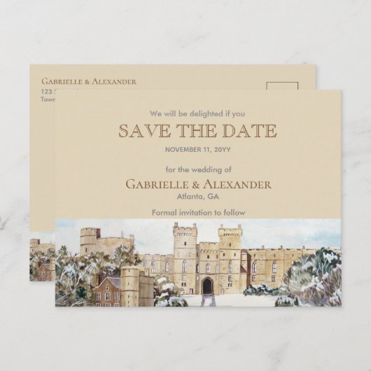 Winter auf Schloss Windsor Hochzeit retten Datum Ankündigungspostkarte (Vorne/Hinten)