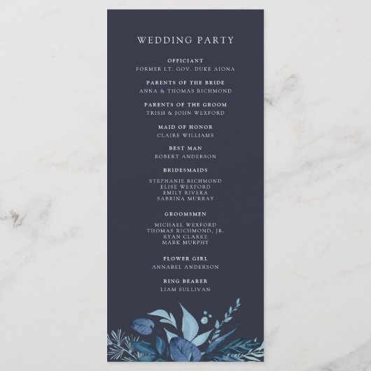 Winter Azure | Blaue Botanische Hochzeit Programm (Rückseite)