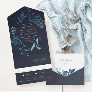 Winter Azure Blue Botanical Frame Wedding All In One Einladung