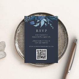 Winter Azure Blue Botanical QR Code Wedding RSVP Begleitkarte