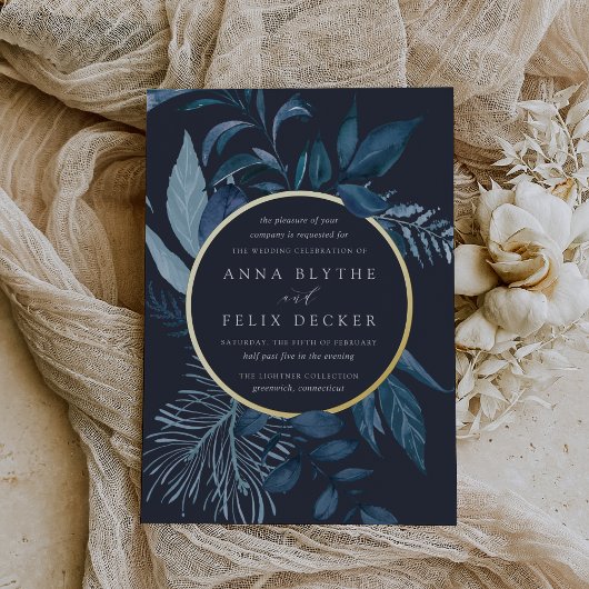 Winter Azure Blue Botanical Wedding Folieneinladung