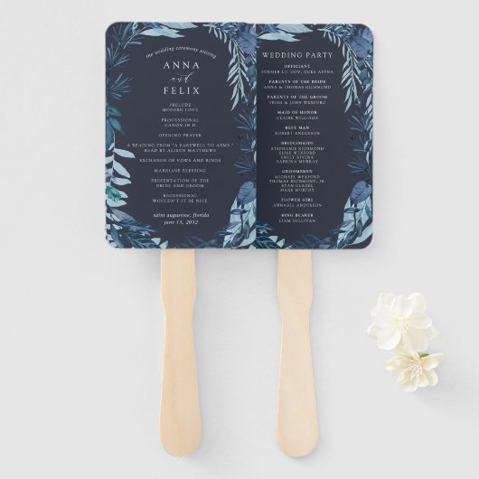 Winter Azure Blue Botanical Wedding Program Fächer (Vorne und Hinten)