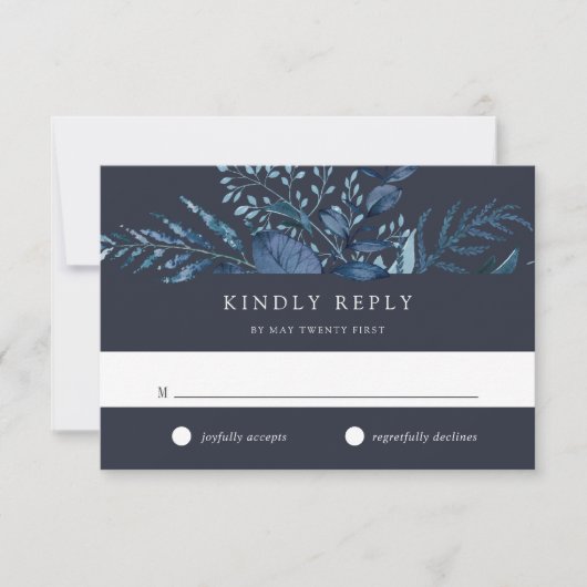 Winter Azure Blue Botanical Wedding RSVP Karte (Vorderseite)