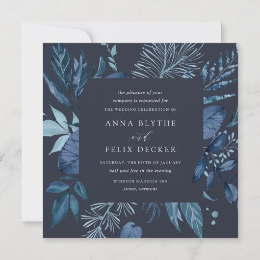 Winter Azure | Blue Square Botanical Frame Wedding Einladung (Vorderseite)