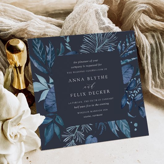 Winter Azure | Blue Square Botanical Frame Wedding Einladung