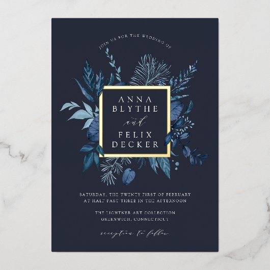 Winter Azure Botanical Frame Wedding Folieneinladung (Vorderseite)