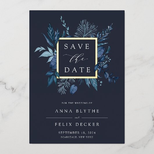 Winter Azure Foil Save the Date Card Folieneinladung (Vorderseite)