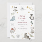 Winter Baby Animals Baby Girl Dusche Einladung (Vorderseite)