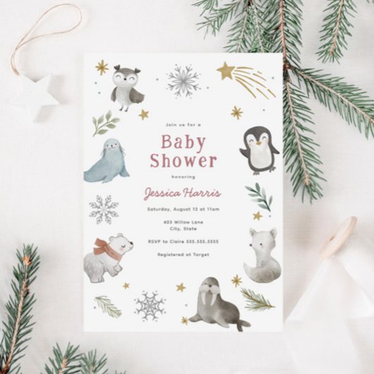 Winter Baby Animals Baby Girl Dusche Einladung